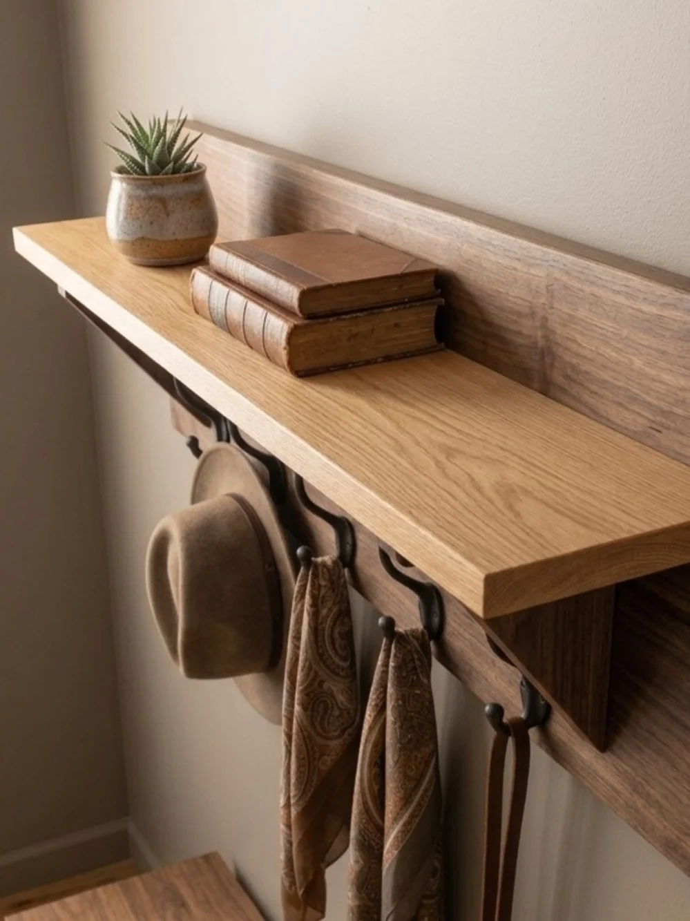 Wood Wall Shelf with Five Double Hooks - Brown
